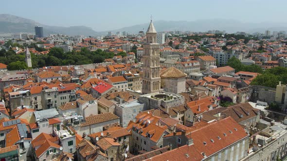 A an aerial picture of Split city centre showing Diocletian's Palace, the bell tower of the cathedra