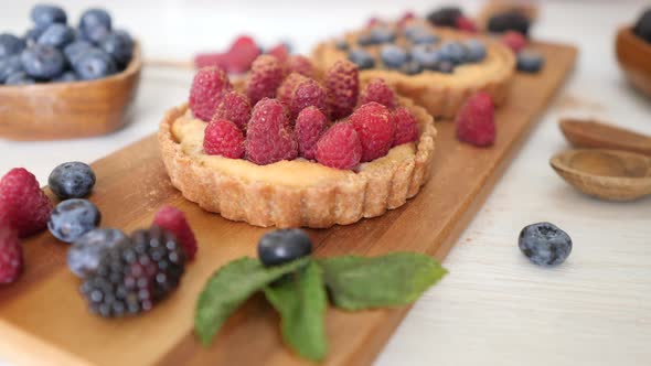 Healthy Vegan Dessert. Tartlets With Fresh Berries. Closeup.