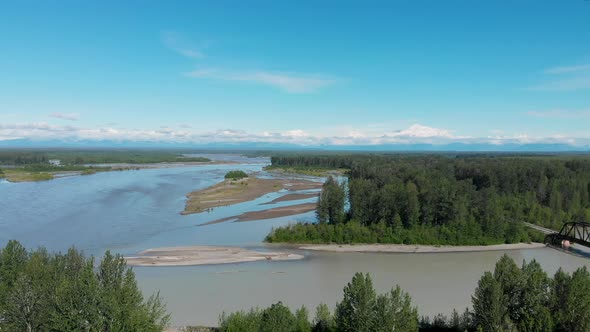 4K Drone Video of Susitna River with Denali Mountain in Distance on Alaska Summer Day