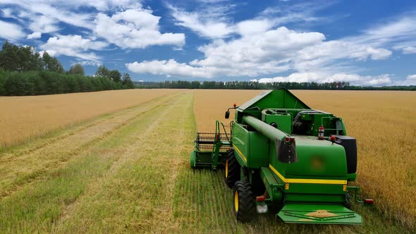 Drone flying over combine harvester working on wheat field in a sunny bright day