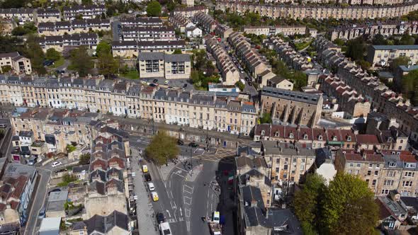 Bath city, UK. Top down aerial view over the city