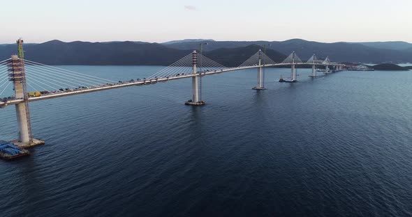 Aerial view of Peljeski bridge, Ston in Croatia.