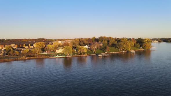Aerial view of expensive real state propertys at Wayzata by the shore of Lake Minnetonka
