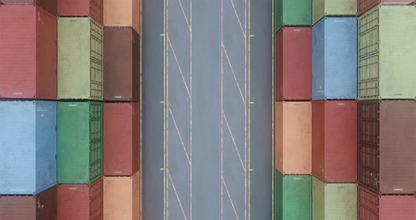 Drone Filming Rows of Cargo Shipping Containers at Sea Freight Cargo Transportation Port alt