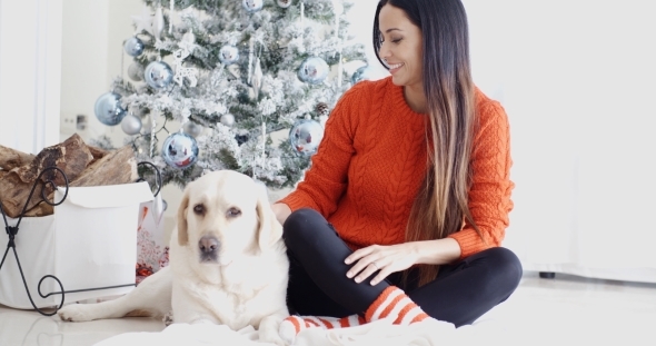 Young Woman And Her Dog Celebrating Christmas