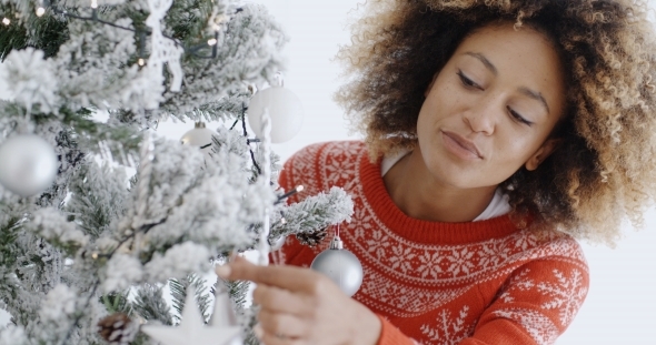 Attractive Woman Preparing The Tree For Christmas