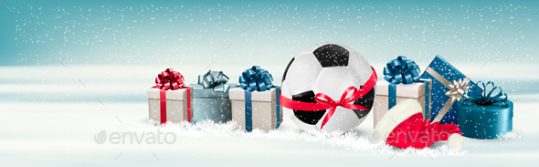 Holiday Banner with a Gift Boxes and Soccer Ball
