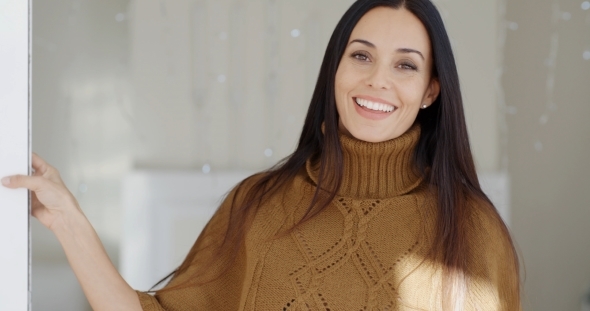 Happy Vivacious Young Woman Indoors At Home alt