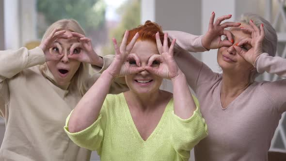 Portrait of Three Joyful Women Having Fun Grimacing Standing in Living Room at Home