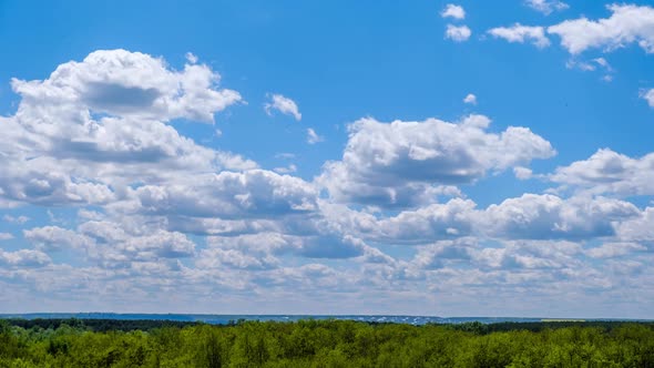 Timelapse of Cumulus Clouds Moving in the Blue Sky Over the Green Horizon Trees