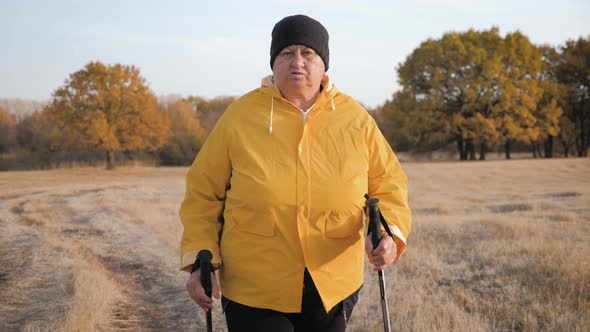 Senior Woman Making Nordic Walking in the Autumn Forest