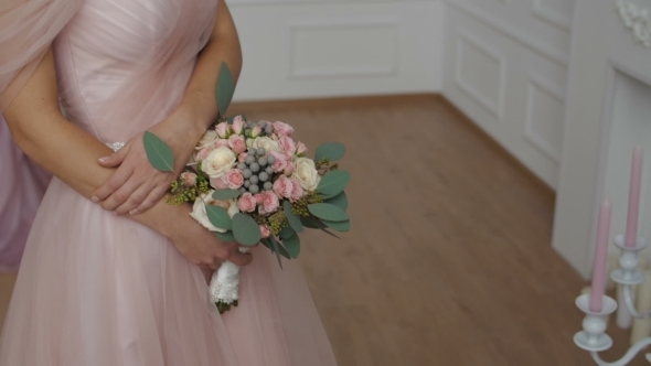 Beautiful Brunette Girl Wearing Pink Wedding Dress