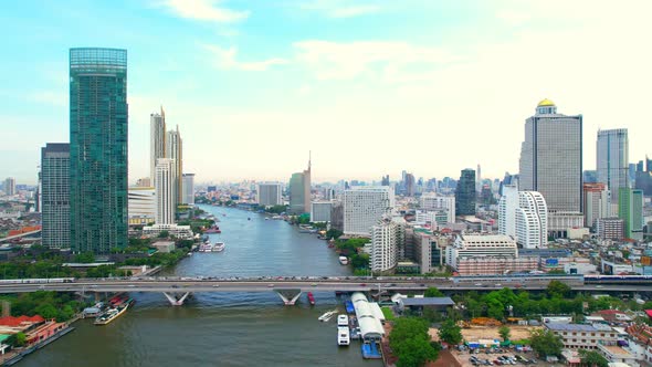 Aerial view over Bangkok city and Chao phraya river