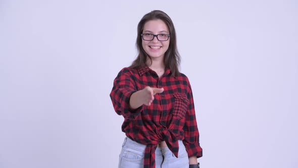 Happy Young Beautiful Hipster Woman Giving Handshake