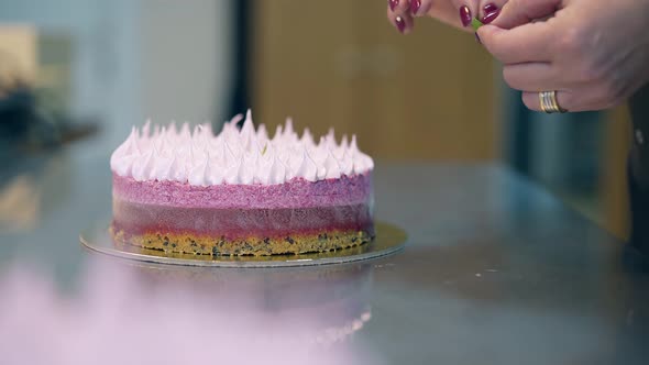 Close View Girl Finishes To Decorate Delicious Pink Cake