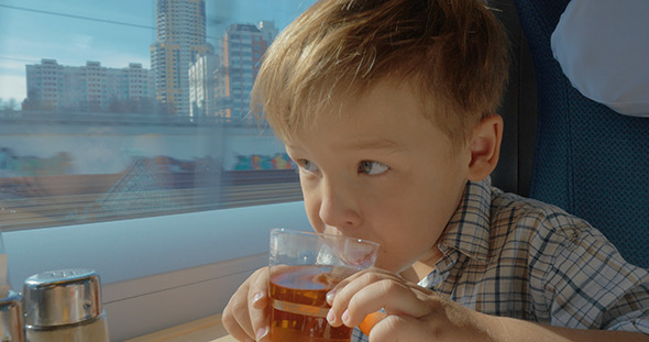 Child Having Tea And Looking Out Window In Moving alt