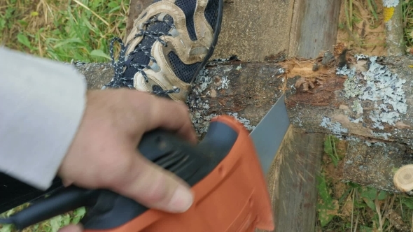 Man Sawing The Wood With Electric Tool
