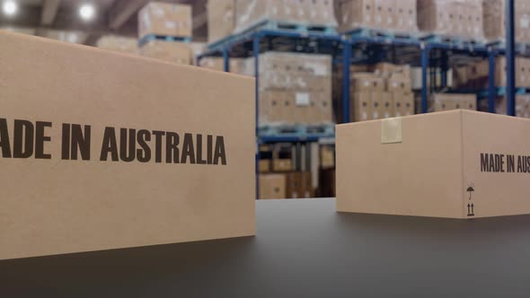 Boxes with MADE IN AUSTRALIA Text on Conveyor