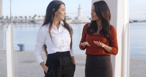 Two Chic Young Women Standing Chatting