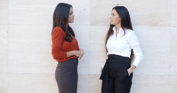 Two Chic Young Women Standing Chatting alt