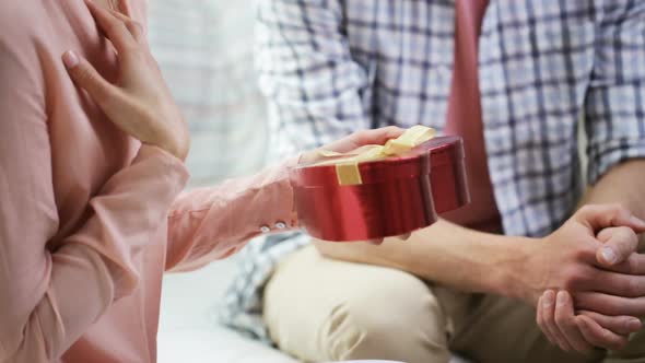 Man Giving Woman Red Gift Box With Perl Jewelry 2 alt