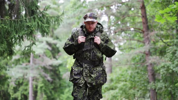 Young Soldier With Backpack In Forest 3