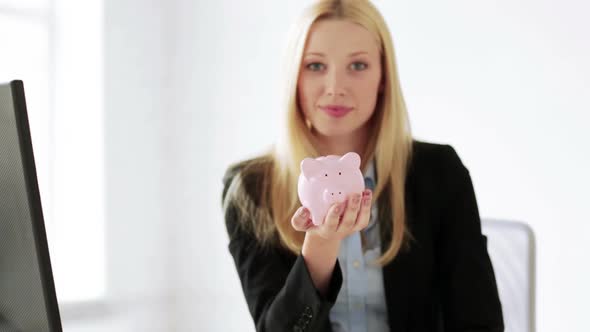 Business Woman With Piggy Bank And Money