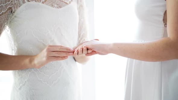 Close Up Of Lesbian Couple Hands With Wedding Ring 6