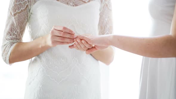 Close Up Of Lesbian Couple Hands With Wedding Ring 7