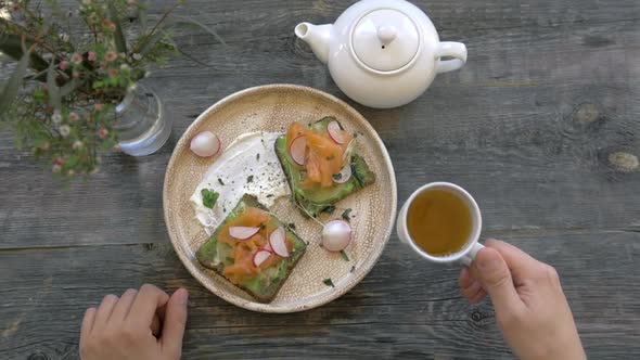 Top View of Healthy Sandwich Toast with Lettuce Ham Cheese Salmon and Coffee