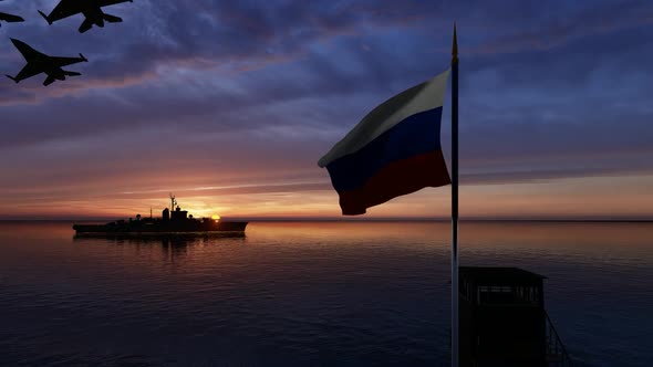 Waving Russian Flag Warship and Passing Warplanes