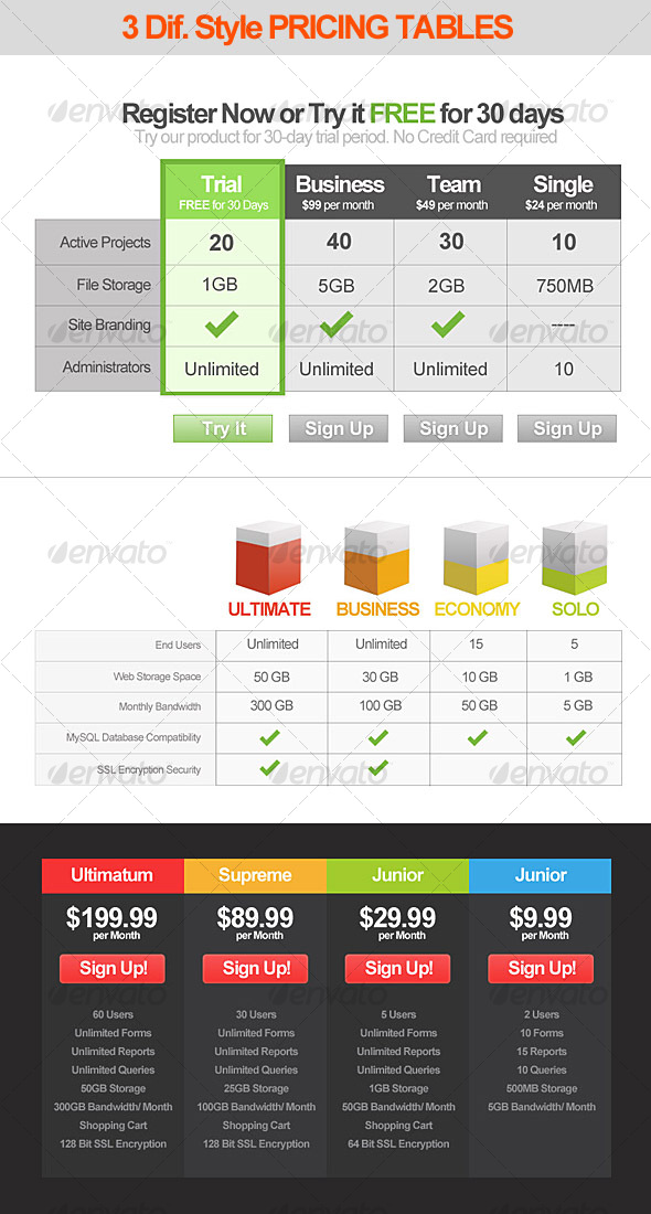 3 Style Modern Pricing Table designs