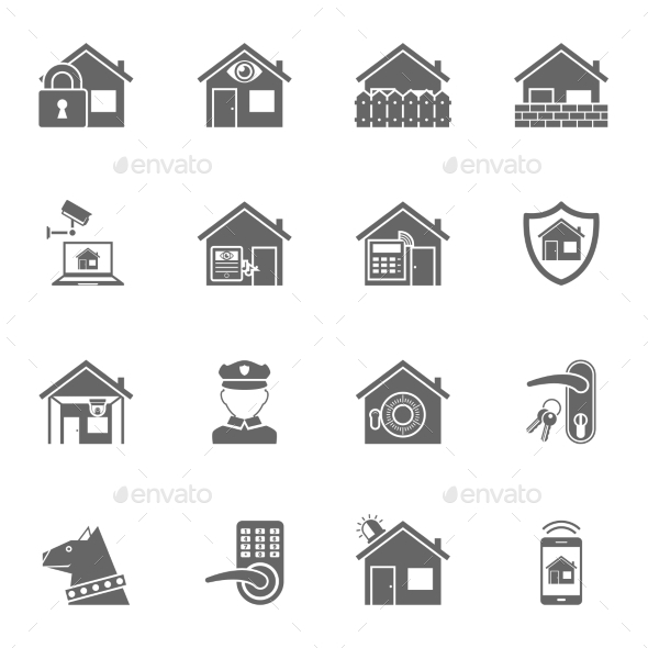 Smart Home Security System Black Icons Set