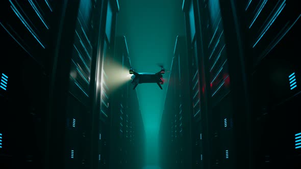 Loopable animation with working drone scanning servers in a dark hall Render 4K