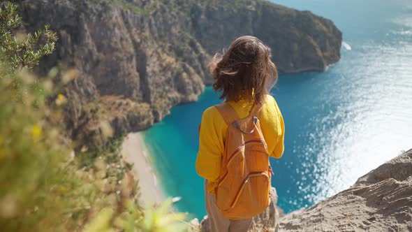 Aerial Top View Woman Traveler with Blowing Hair Enjoying Beautiful View of Butterfly Valley From