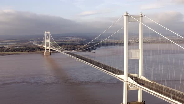 Vehicles Crossing the Severn Bridge Connecting England and Wales Aerial View