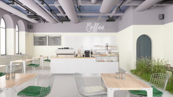 Empty Coffee Shop Interior With Coffee Maker, Pastries, Desserts And Menu On The Wall