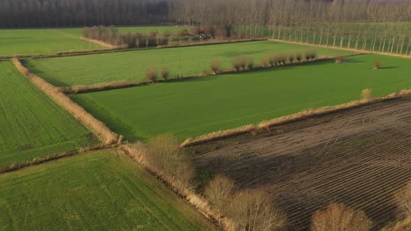 Aerial view starting with a close up of the green grass and showing surrounding landscape