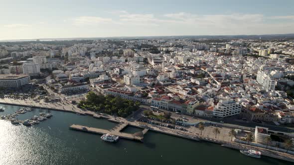 Aerial panorama view, Portimão downtown City buildings Riverfront, Algarve