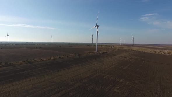 Rotating Turbines of a Wind Farm. Renewable Energy. Aerial