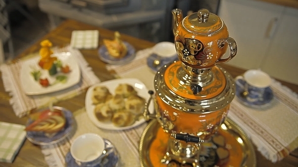 Table With Sweets. Samovar With Tea And Pies