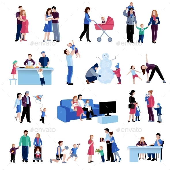 Parenthood Family Situations Flat Icons Set