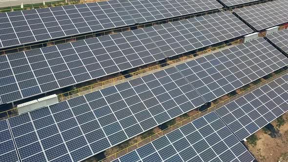 Solar panels in aerial view. Solar farm. Source of ecological renewable energy.