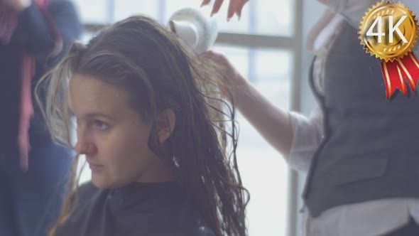 Stylist Hairdresser Dries Model's Hairs Making