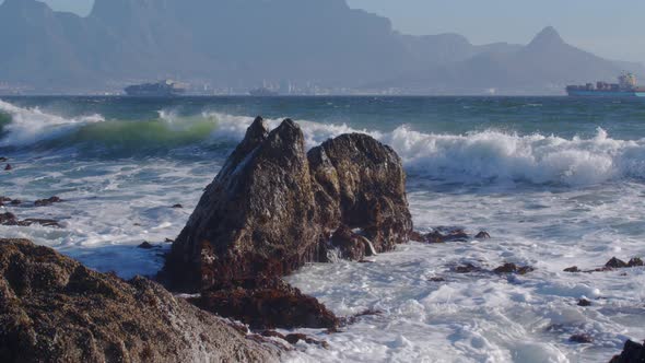 Scenic View of Waves at Atlantic Ocean Cape Town South AfricaTable Mountain in the Background with a