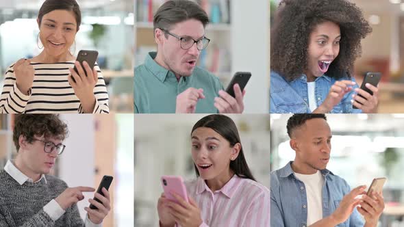 Collage of Multiple Race People Celebrating Success on Smartphone