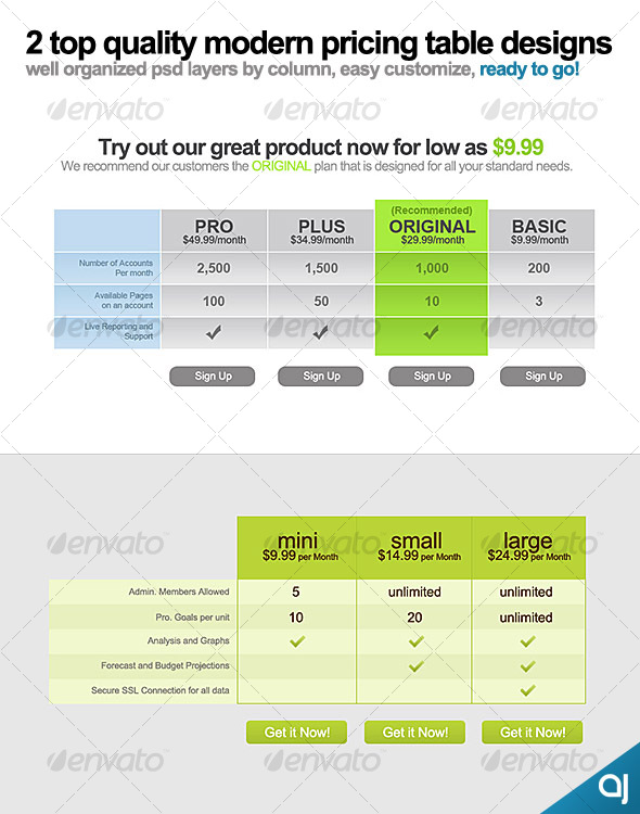 2 top quality modern pricing tables