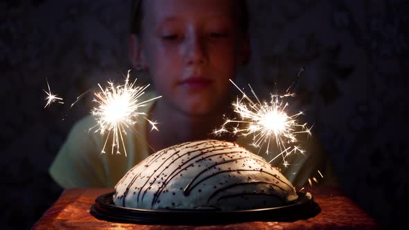 Girl and Cake with Fireworks