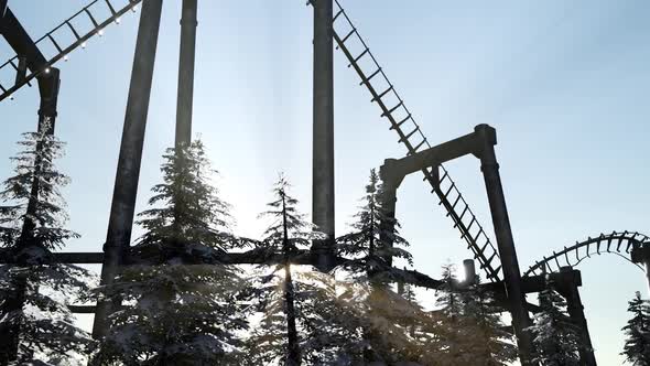 Old Roller Coaster at Sunset in Forest