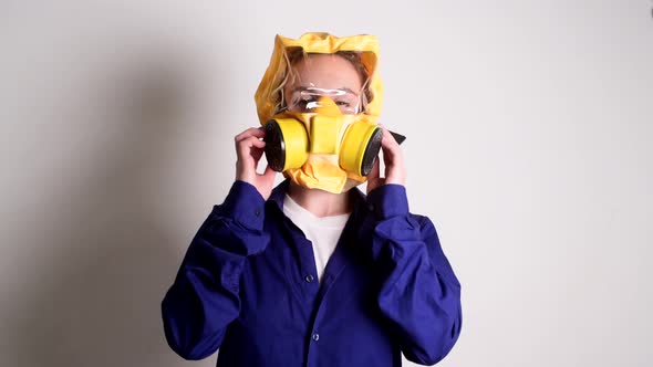 European Woman in Yellow Epidemic Mask Covid-19 Virus, In Laboratory